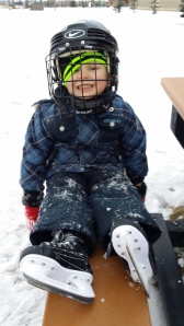 Graham has skates, has hockey helmet, and is ready to go.  Too bad I forgot a hockey stick.